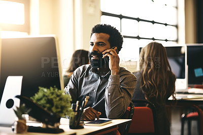 Buy stock photo Phone call, business and black man in office, computer and connection with network, talking and conversation. Person, employee and consultant with smartphone, mobile user and communication with pc