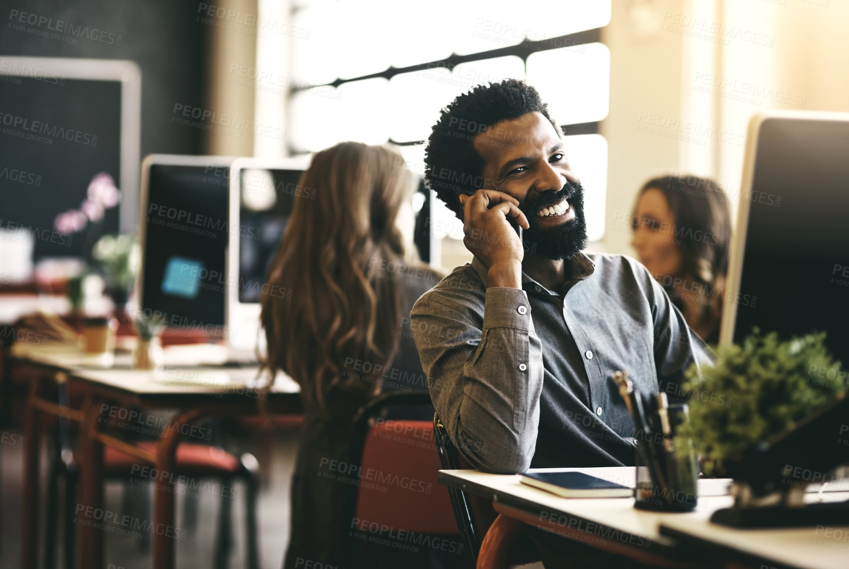 Buy stock photo Phone call, business and black man in office, smile and connection with network, talking and conversation. Person, employee and consultant with cellphone, mobile user and communication with chatting