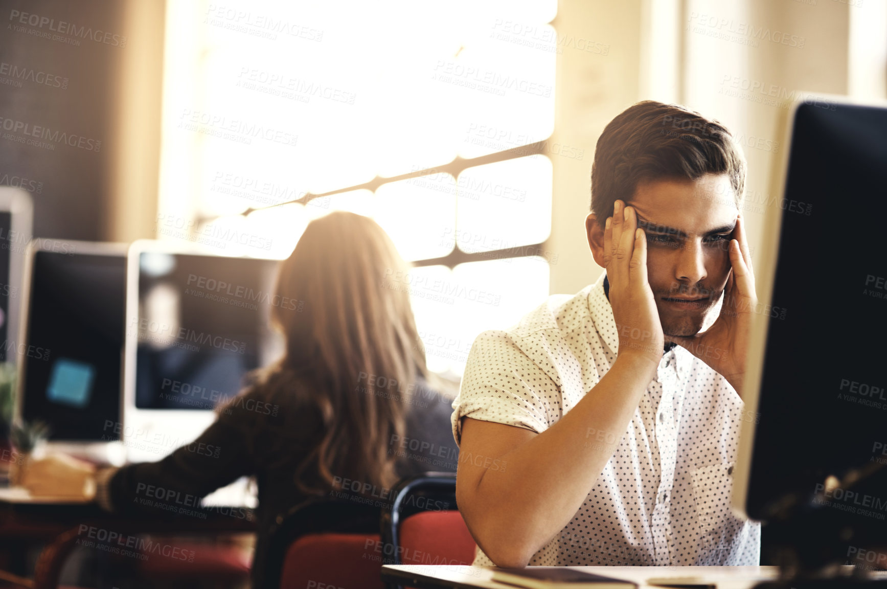 Buy stock photo Man, stress and headache by computer in office with mistake, glitch and pain with deadline at company. Person, migraine and worry by pc with error, 404 and burnout with project at creative agency