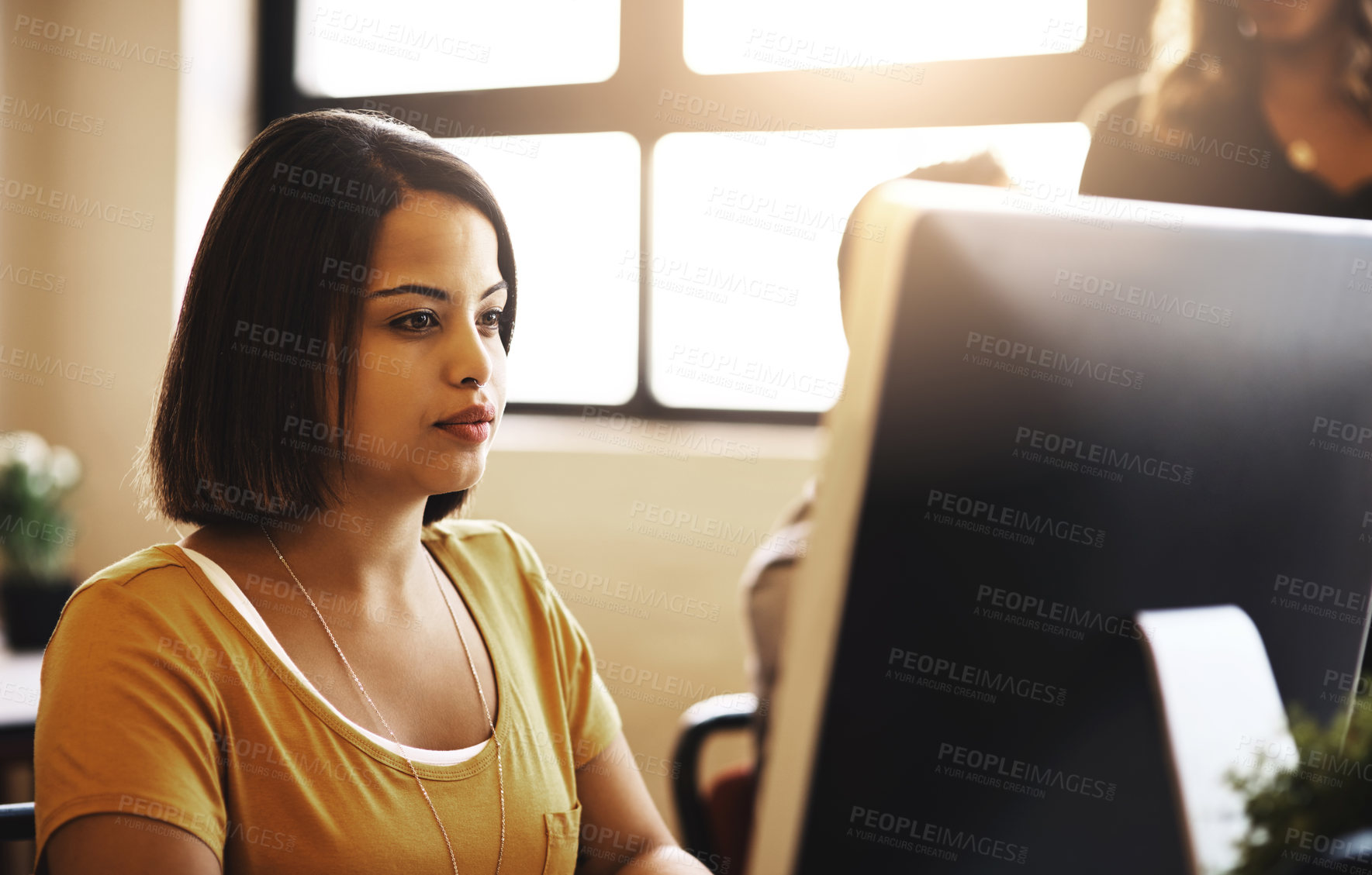 Buy stock photo Business people, computer and woman in office, thinking or internet with planning, email notification or ideas. Employee, consultant or journalist with creativity, copywriting or deadline for project