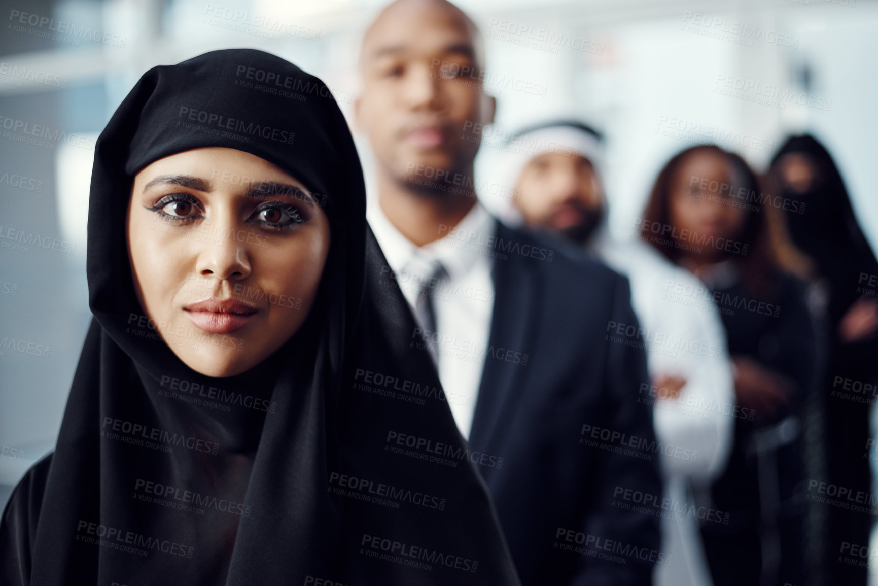 Buy stock photo Leadership, diversity and portrait of business woman in office for team, global conference or mission. Tradeshow, about us and b2b with group of employees at expo for workshop, seminar and meeting