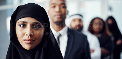 Buy stock photo Team, leadership and portrait of business woman in office for diversity, global conference or mission. Tradeshow, about us and b2b with group of employees at expo for workshop, seminar and meeting