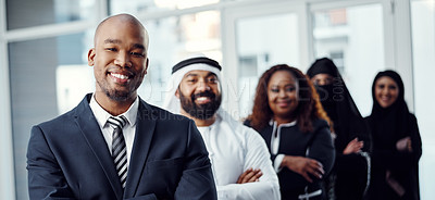 Buy stock photo Smile, leadership and portrait of business man in office for team building, mission and about us. Global seminar, partnership and diversity with group of employees at event for expo in Dubai