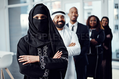 Buy stock photo Team, arms crossed and portrait of business woman in office for leadership, global conference or mission. Tradeshow, about us and support with group of employees for workshop, seminar and expo