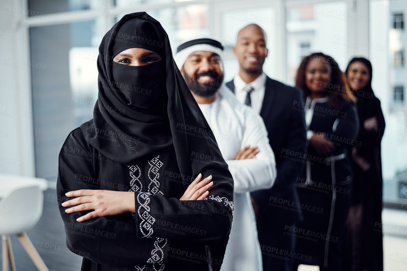 Buy stock photo Team, arms crossed and portrait of business woman in office for leadership, global conference or mission. Tradeshow, about us and support with group of employees for workshop, seminar and expo