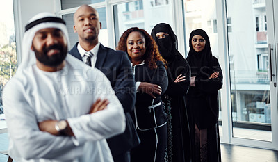Buy stock photo Team, arms crossed and portrait of business people in office for leadership, global conference or mission. Tradeshow, about us or synergy with group of employees for workshop in seminar in Dubai