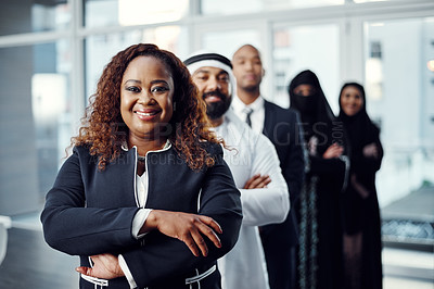 Buy stock photo Smile, leadership and portrait of business woman in office for team building, mission and about us. Global seminar, partnership and diversity with group of employees at event for expo in Dubai