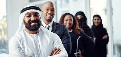 Buy stock photo Arms crossed, leadership and portrait of business man in office for team building, mission and about us. Global seminar, partnership and diversity with group of employees at event for expo in Dubai