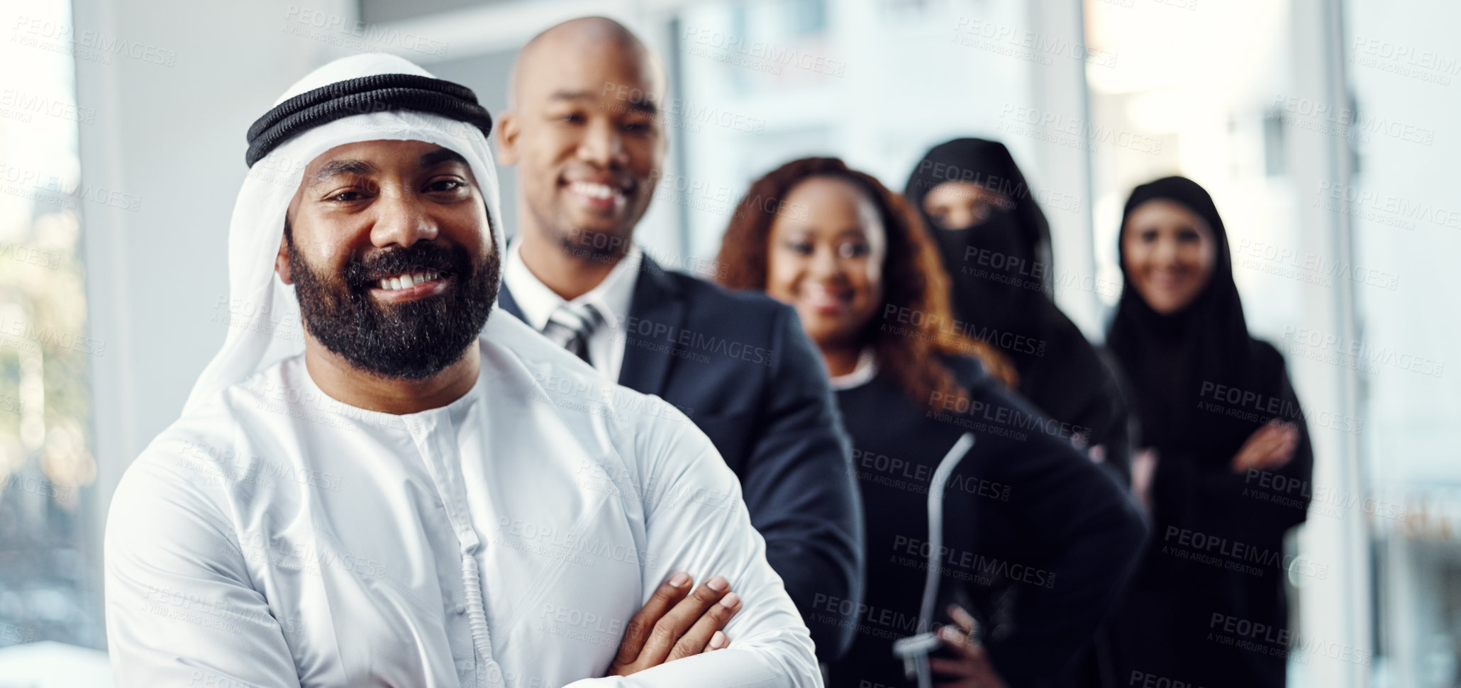 Buy stock photo Arms crossed, leadership and portrait of business man in office for team building, mission and about us. Global seminar, partnership and diversity with group of employees at event for expo in Dubai