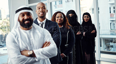 Buy stock photo Mission, diversity and portrait of business people in office for leadership, global conference or team. Tradeshow, about us or synergy with group of employees at expo for workshop in seminar in Dubai