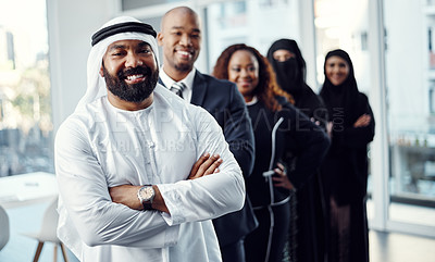 Buy stock photo Smile, mission and portrait of business man in office for team building, leadership and about us. Global seminar, partnership and diversity with group of employees at event for expo in Dubai
