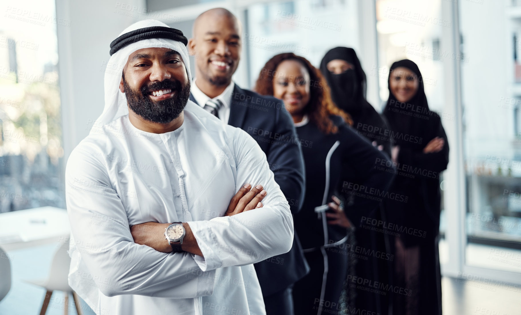 Buy stock photo Smile, mission and portrait of business man in office for team building, leadership and about us. Global seminar, partnership and diversity with group of employees at event for expo in Dubai