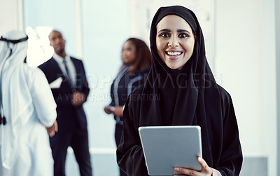Buy stock photo Tablet, portrait and business with muslim woman at conference for global advisor, research and smile. Middle eastern representative, planning and happy with person for review, event and Dubai