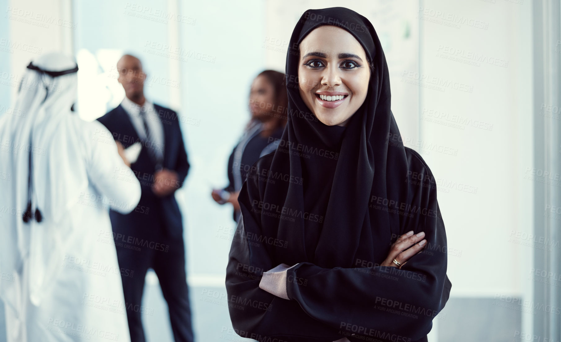 Buy stock photo Arms crossed, smile and portrait of business muslim woman at conference for professional, about us and pride. Global ambassador, representative and seminar with female employee at event in Dubai