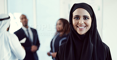 Buy stock photo Happy, portrait and business with muslim woman at conference for professional, about us and pride. Global ambassador, representative and seminar with female employee at event, expo and workshop