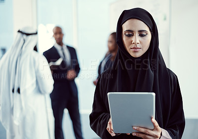 Buy stock photo Tablet, reading and business with muslim woman at conference for global advisor, research and app. Representative, planning and workshop with female employee for event, trade show and online