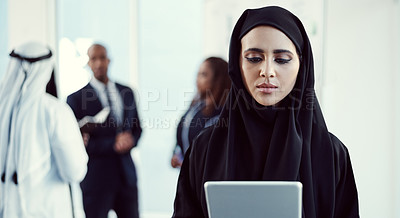 Buy stock photo Arab, woman and reading tablet in meeting for market timing, trade execution or stocks research. Global trader, islamic person and tech in office for risk management, monitor trends and price action