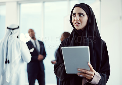 Buy stock photo Tablet, thinking and business with muslim woman at conference for global advisor, research and vision. Reflection, planning and idea with female person at expo for review, event and online report