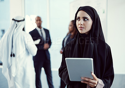 Buy stock photo Arab, woman and thinking with tablet in meeting for market insight, trading decision or planning. Staff, global islamic trader and thoughtful with tech in office for price action, idea and solution