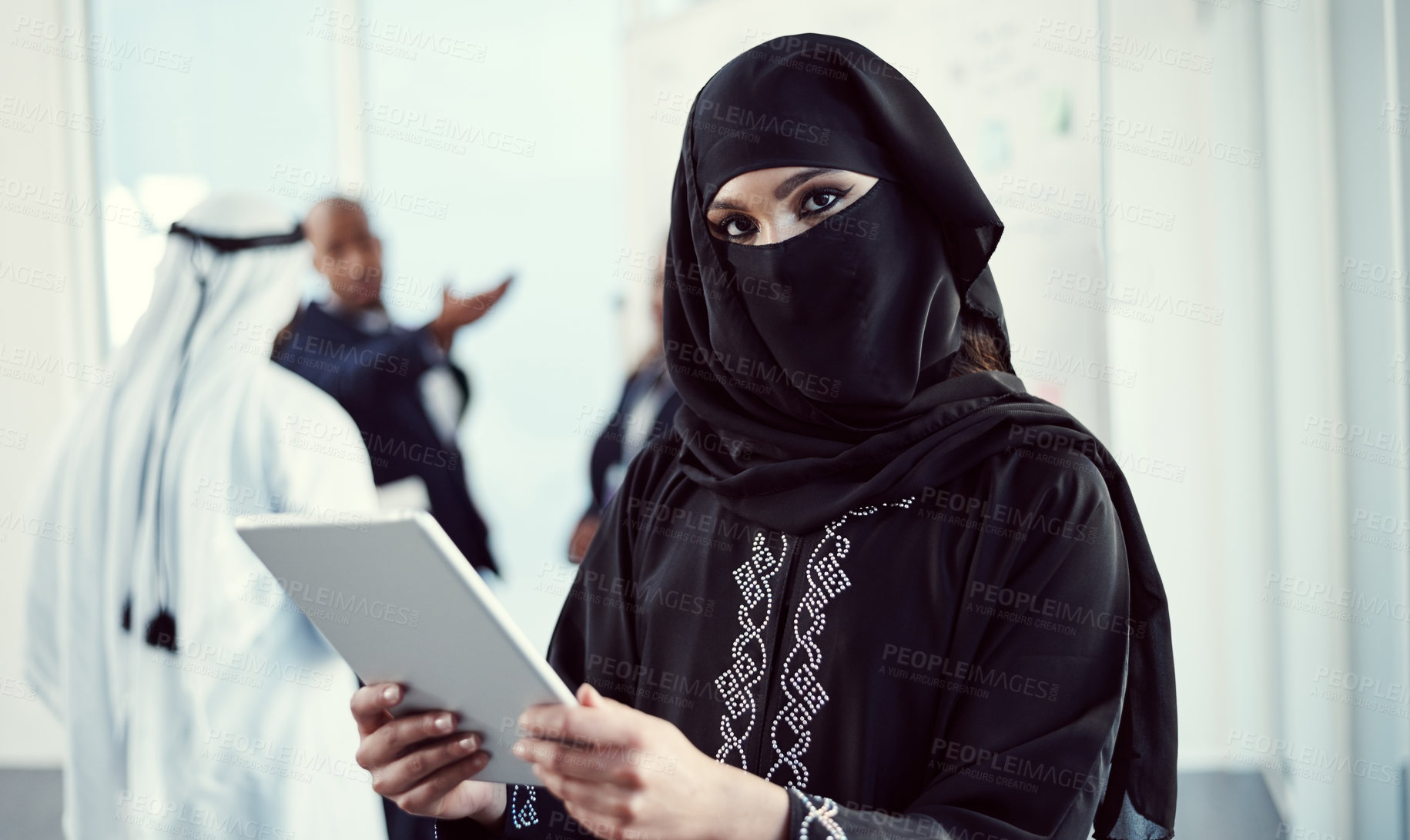 Buy stock photo Portrait, tablet and business with Muslim woman at conference for middle east advisor, research and b2b. Global seminar, online report and scroll with person with niqab for Arab representative