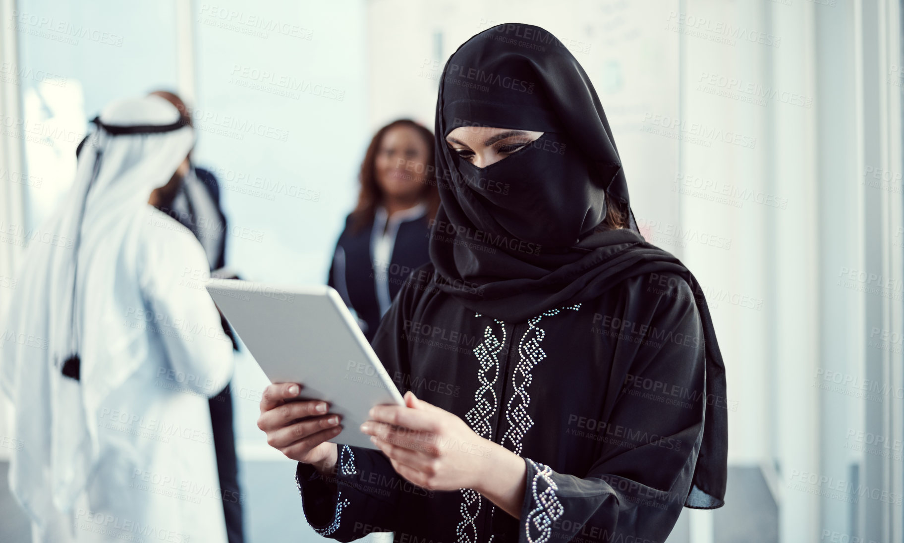 Buy stock photo Research, tablet and business with Muslim woman at conference for middle east advisor, reading and b2b. Global seminar, online report and scroll with person with niqab for Arab representative