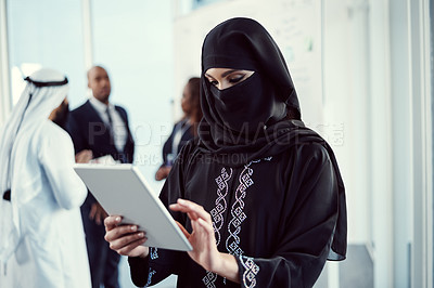 Buy stock photo Scroll, tablet and business with Muslim woman at conference for middle east advisor, research and b2b. Global seminar, online report and reading with person with niqab for Arab representative