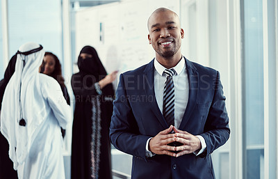 Buy stock photo Portrait, happy and business man at convention for keynote speaker, meeting and networking workshop. Smile, conference and corporate event with person at seminar center for tradeshow in Dubai