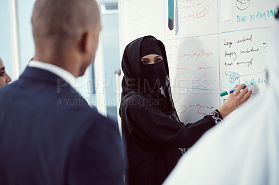 Buy stock photo Office, training or muslim speaker at whiteboard for trading strategy, team tips or learning. Arab woman, group or coaching in investor workshop for stock market advice, risk management or discussion