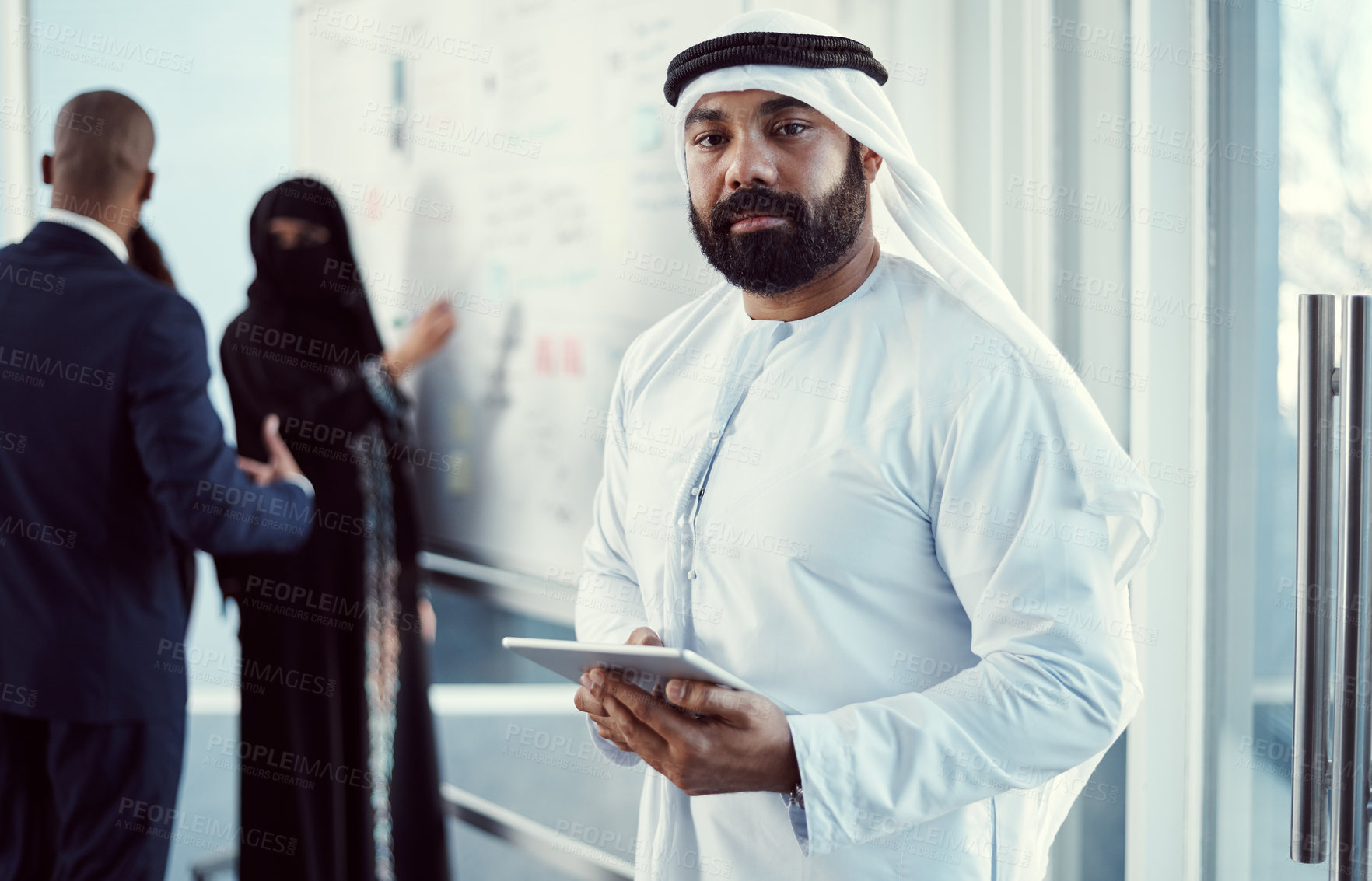 Buy stock photo Tablet, portrait and business with muslim man at conference for global advisor, research and tradeshow. Representative, planning and workshop with employee for event, team and online in Dubai