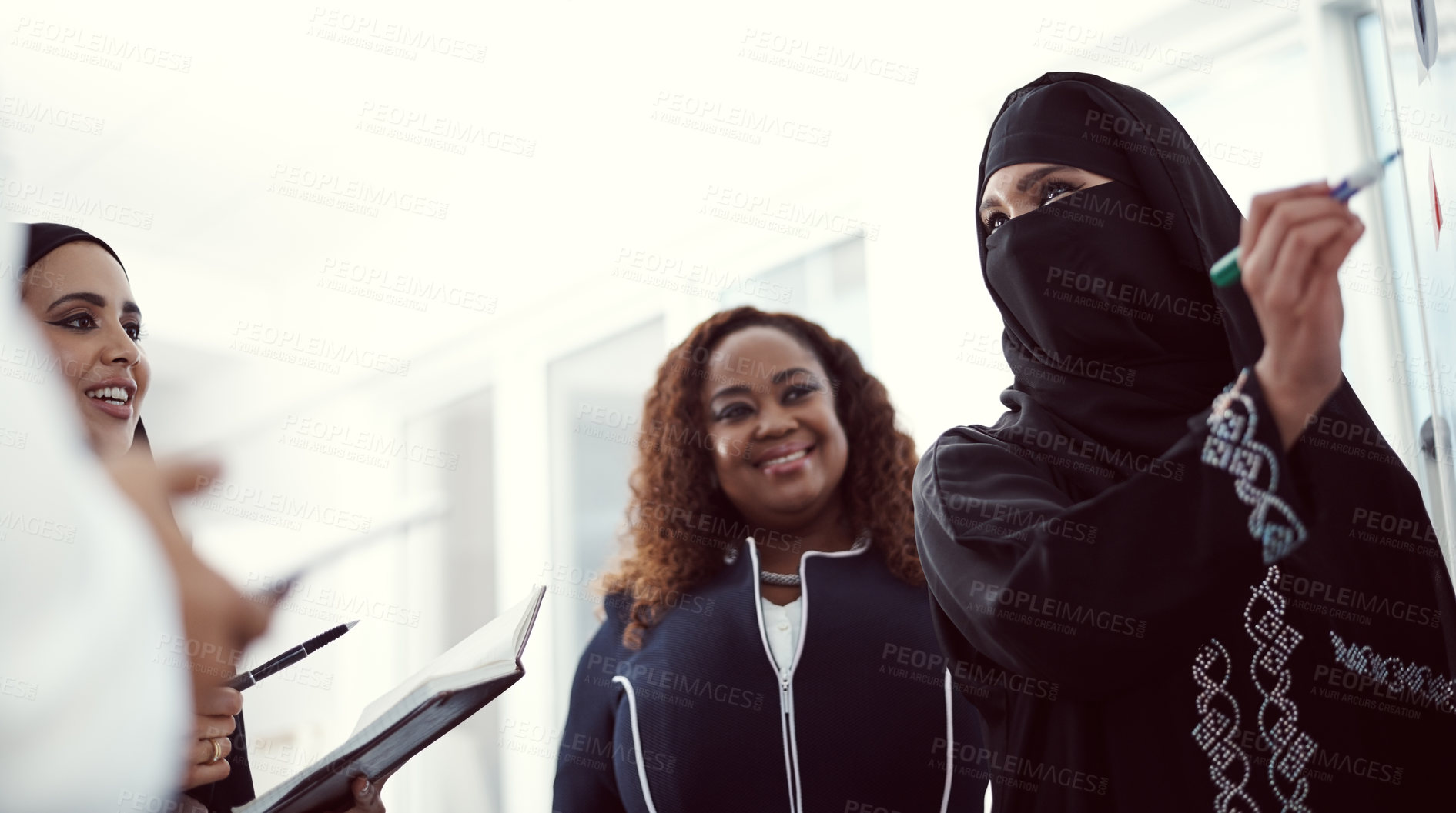 Buy stock photo Training, presentation and business woman in meeting for global advisor, teaching and upskill seminar. Speaker, coaching and company development with employees in workshop for team and feedback