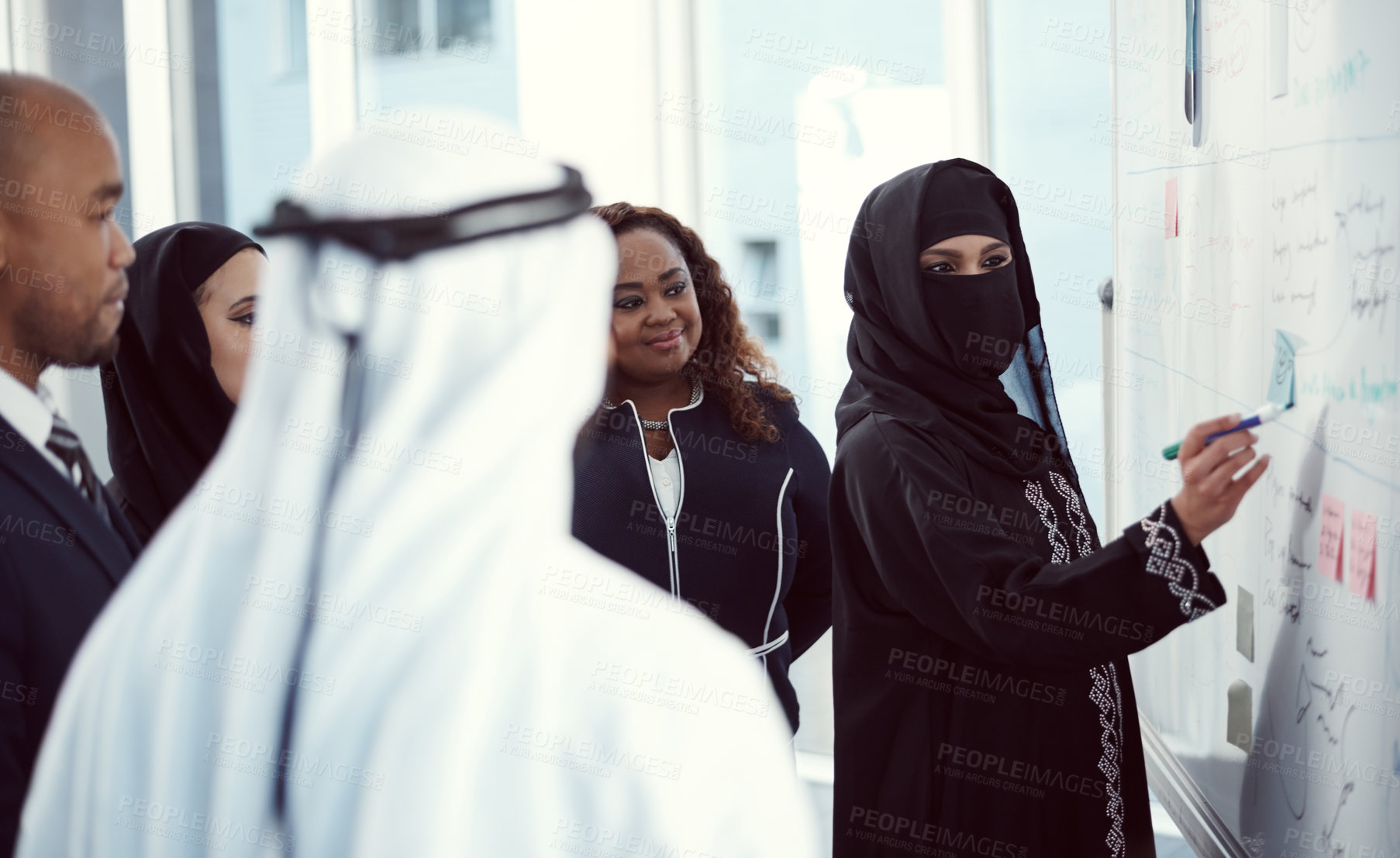 Buy stock photo Presentation, whiteboard and writing with business people in meeting for planning, investor and coaching. Speaker, training and workshop with employees for discussion, stakeholder and brainstorming