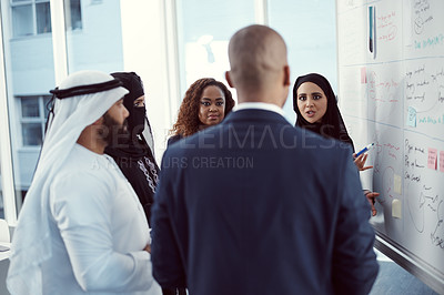 Buy stock photo Workshop, people or team at whiteboard in office for trading tips, finance upskill or muslim speaker. Coaching, investors and arab coworkers in training for stocks advice, market trends and inclusion