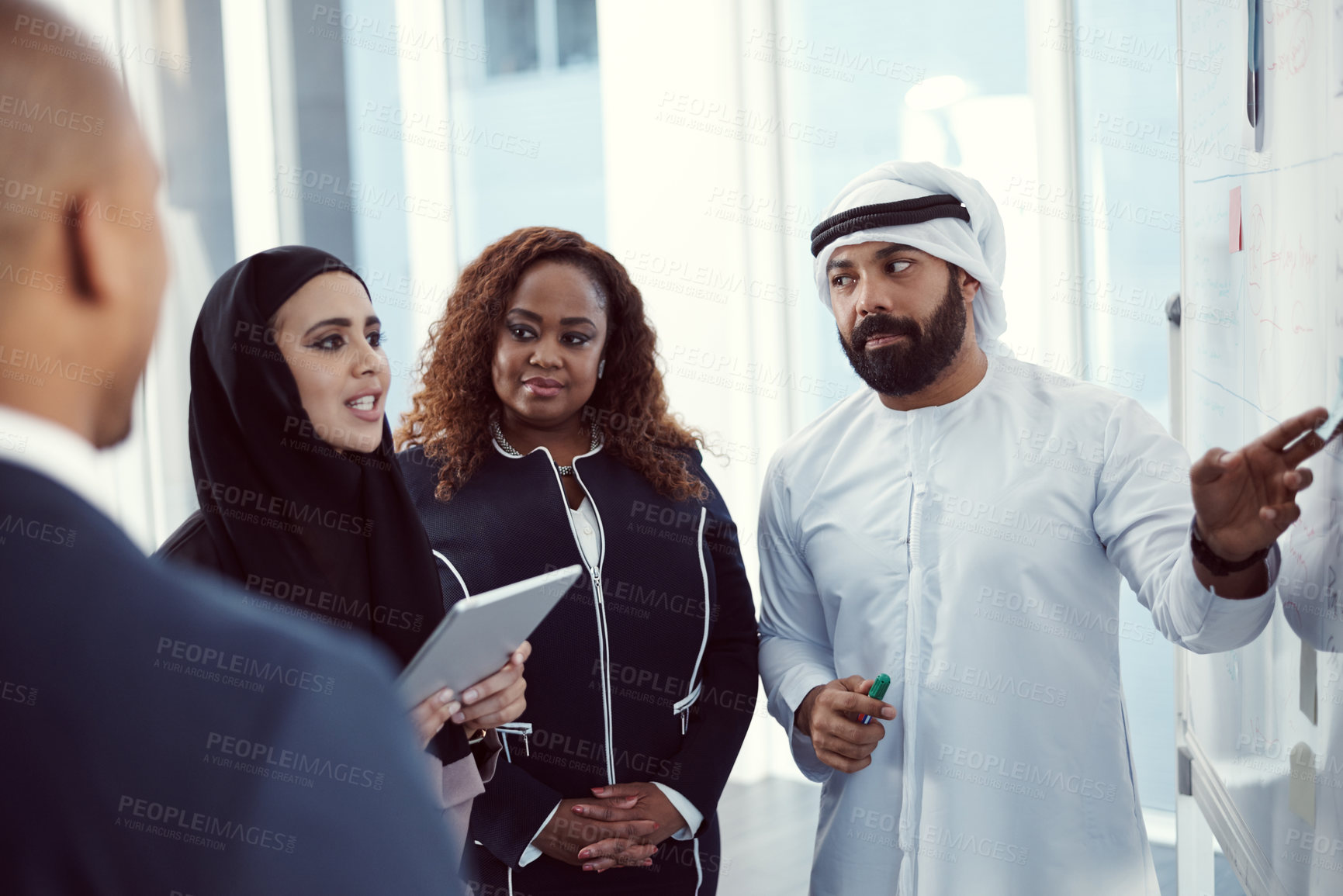 Buy stock photo Presentation, teaching and team with business people in meeting for planning, investor and coaching. Speaker, training and workshop with employees for discussion, stakeholder and brainstorming