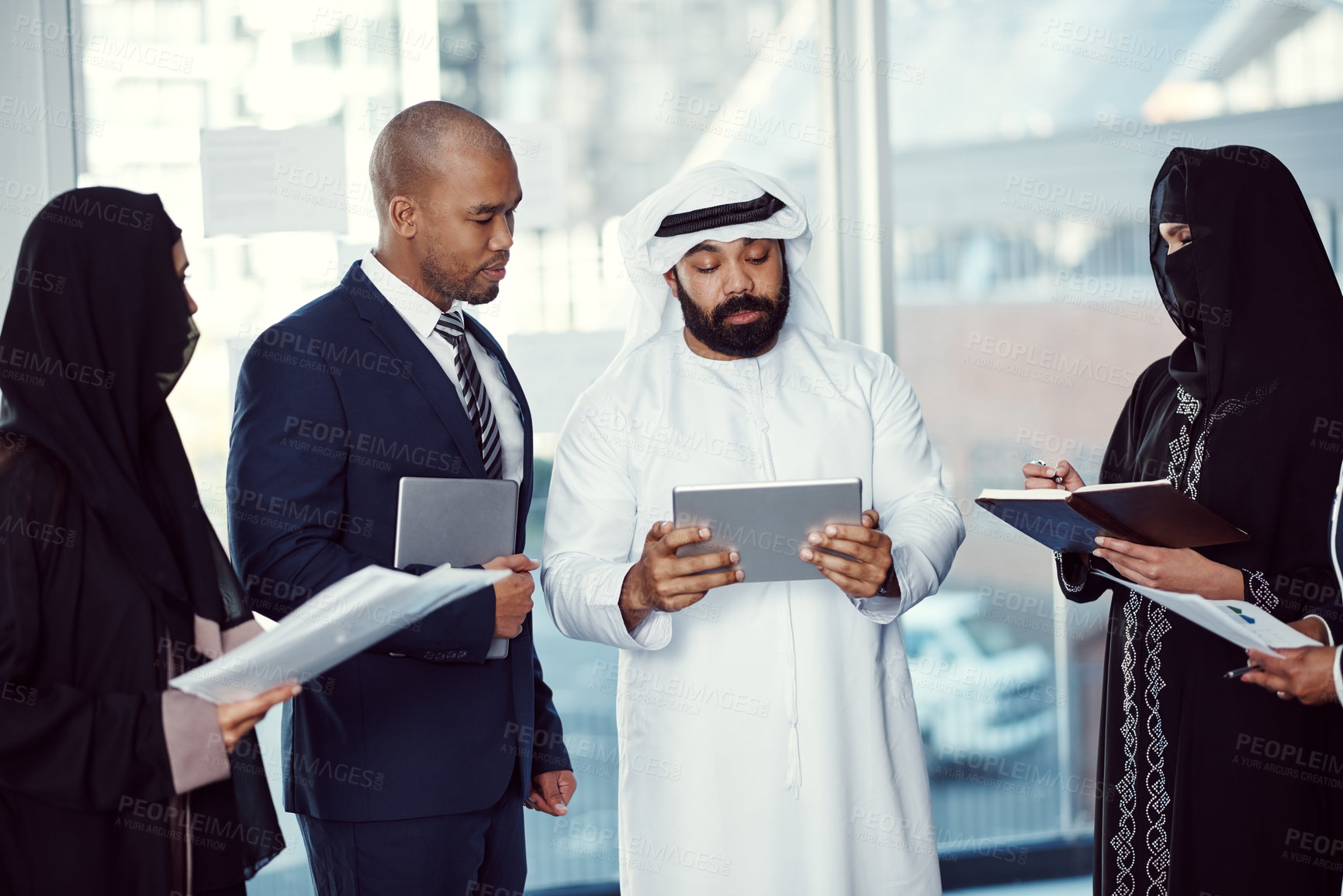 Buy stock photo Tablet, planning and meeting with business people in office at conference for global advisor, research and team. Representative, report and workshop with employees for event, trade show and online