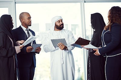 Buy stock photo Tablet, diversity and workshop with business people in office at conference for global advisor, research and team. Paperwork, planning and report with employees for event, trade show and online