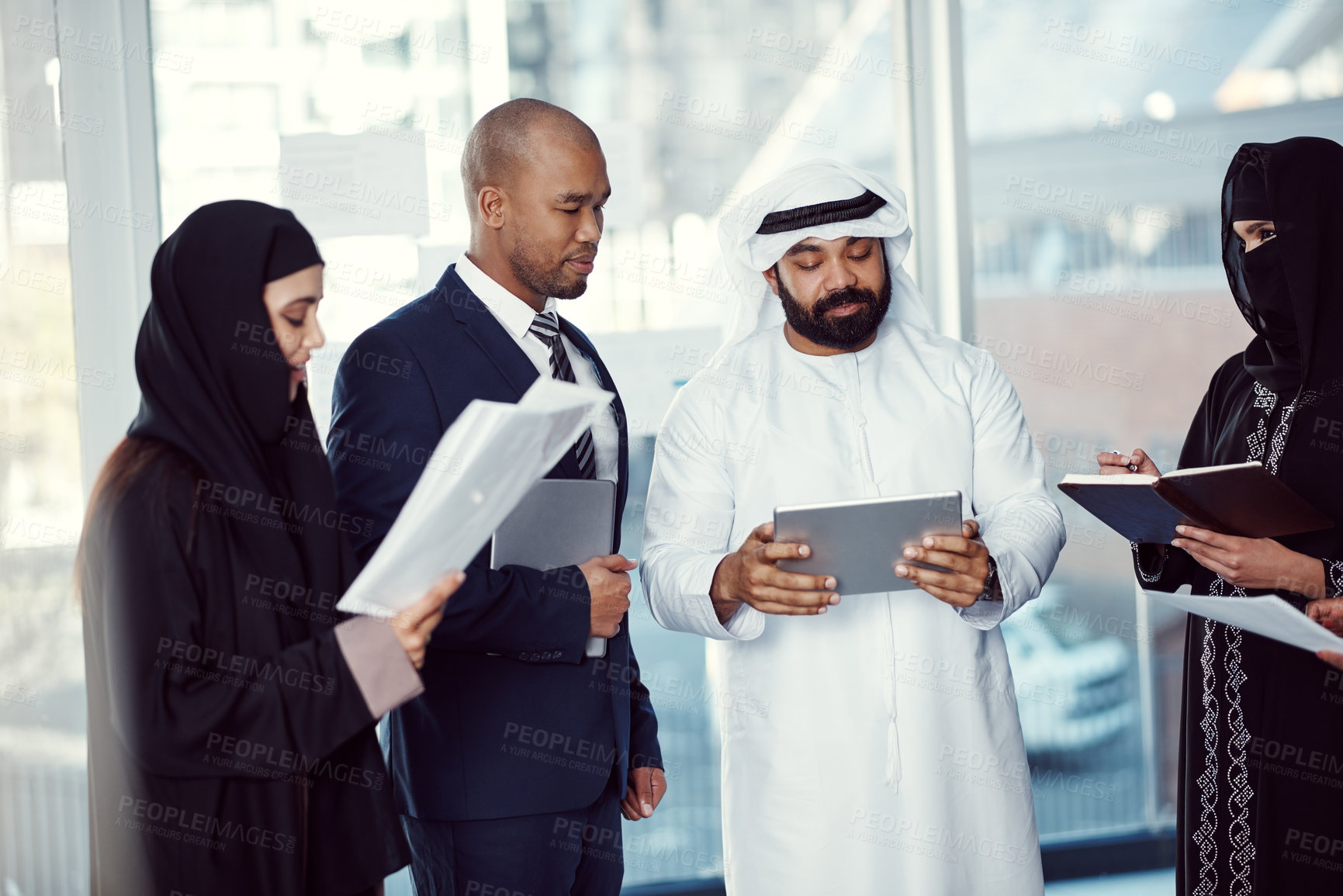 Buy stock photo Tablet, reading and meeting with business people in office at conference for global advisor, research and team. Representative, planning and workshop with employees for event, trade show and online