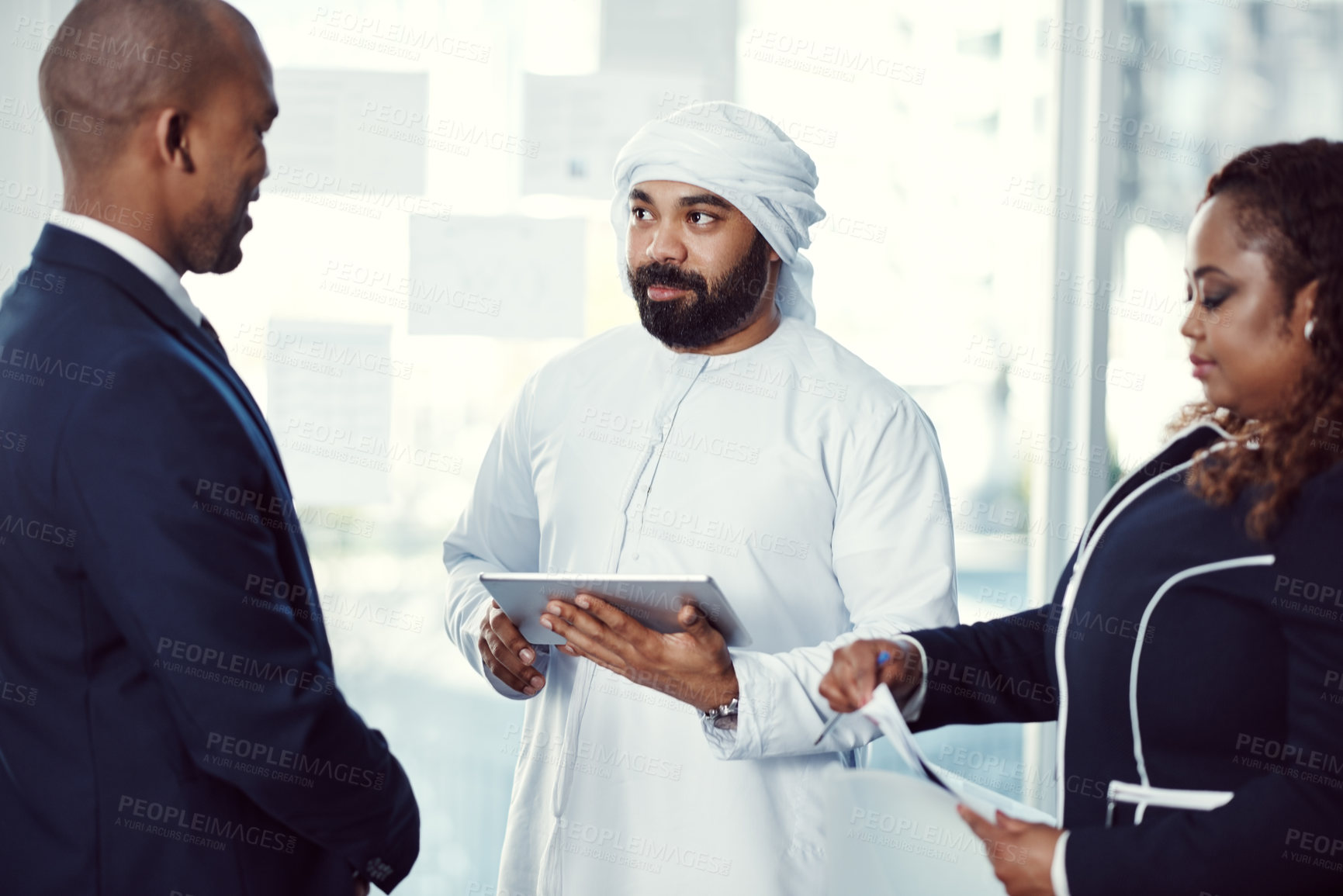 Buy stock photo Tablet, research and team with business people in conference for meeting, global workshop and event. B2b tradeshow, online review and convention with employee for proposal and agenda in Dubai