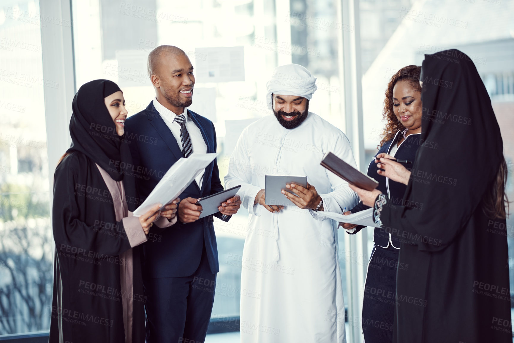 Buy stock photo Tablet, happy and team with business people in conference for meeting, global workshop and research. B2b tradeshow, online review and convention with employee for proposal and agenda in Dubai