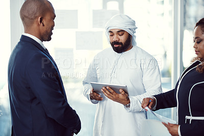 Buy stock photo Tablet, planning and team with business people in conference for meeting, global workshop and research. B2b tradeshow, online review and convention with employee for proposal and agenda in Dubai