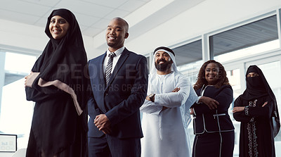 Buy stock photo Business, people and happy in row in office for legal justice, muslim coworkers and career pride. Below, lawyer portrait and arab colleagues at firm for company diversity, arms crossed and leadership