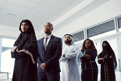 Buy stock photo Business, people and team in row in office for legal representation, muslim coworkers and about us. Below, lawyers and arab colleagues at firm for company inclusion, arms crossed or corporate justice