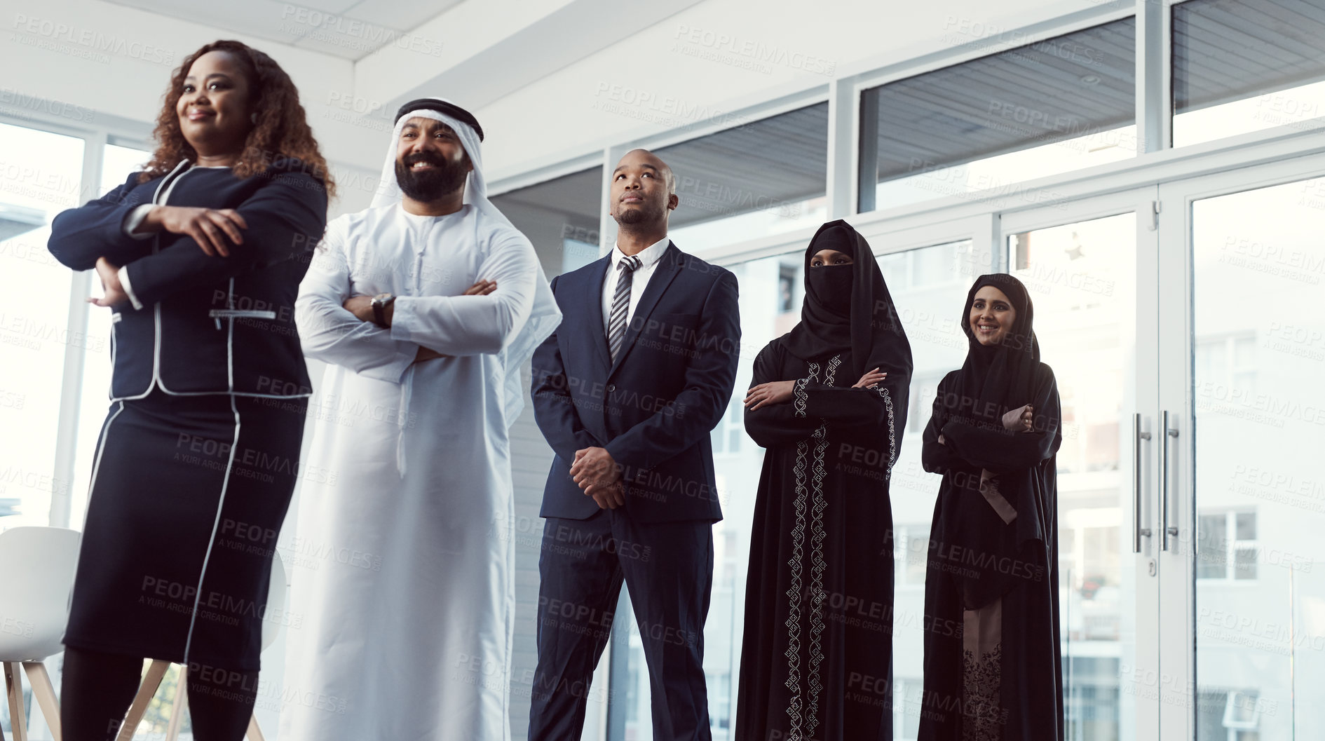 Buy stock photo Business, people and group in row in office for legal representation, muslim coworkers or about us. Below, lawyers and arab colleagues at firm for company diversity, arms crossed or corporate justice