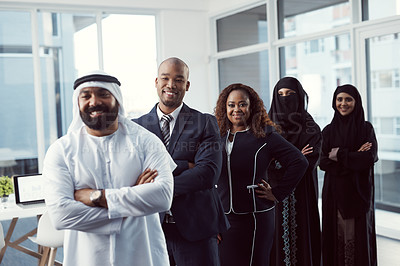 Buy stock photo Smile, leadership and portrait of business people in office for team building, mission and about us. Global seminar, partnership and diversity with group of employees at event for expo in Dubai