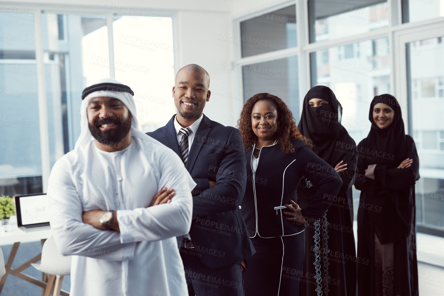 Buy stock photo Smile, leadership and portrait of business people in office for team building, mission and about us. Global seminar, partnership and diversity with group of employees at event for expo in Dubai