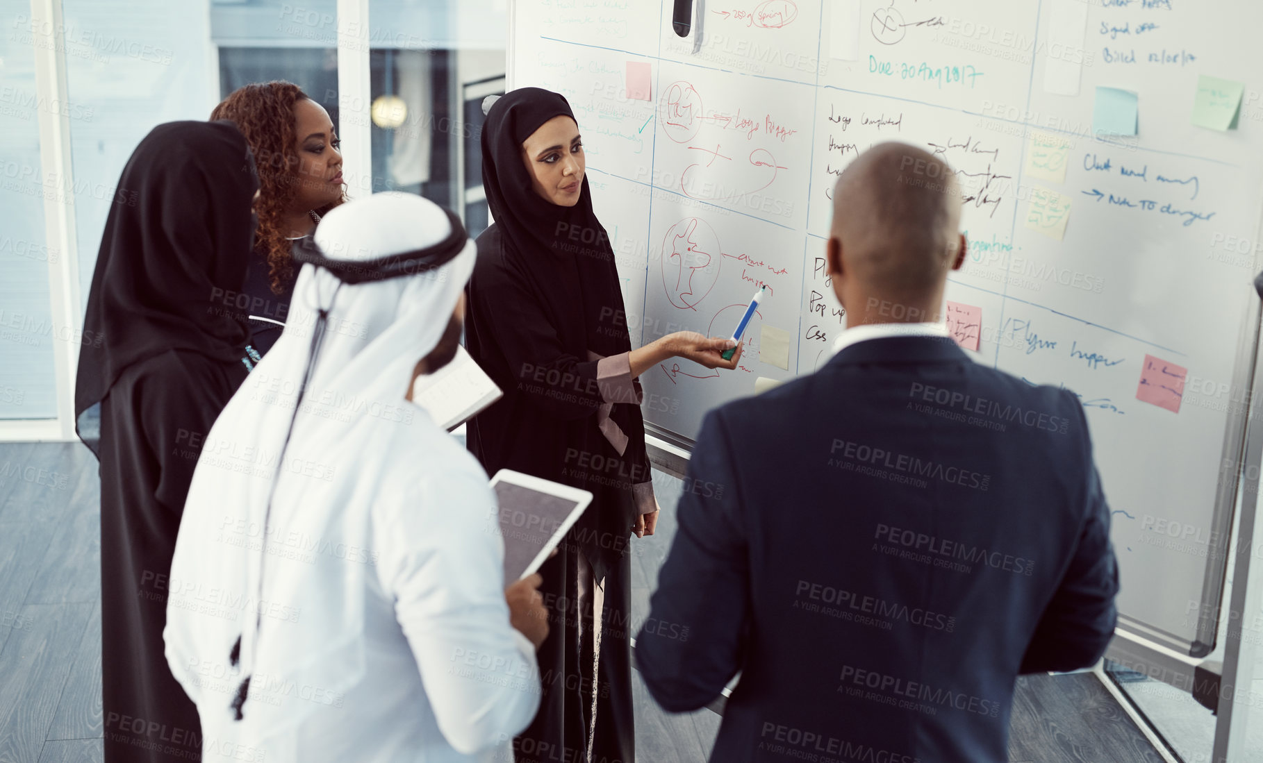 Buy stock photo Presentation, whiteboard and team with business people in meeting for planning, investor and coaching. Speaker, training and workshop with employees for discussion, stakeholder and brainstorming