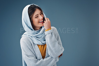 Buy stock photo Happy, muslim woman and scarf in portrait for love of faith or religion isolated in studio. Islamic, female model and fashion with hijab, smile and casual style with mockup or promotional space