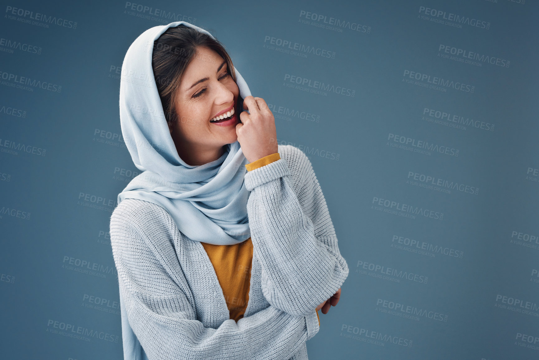 Buy stock photo Happy, muslim woman and scarf in portrait for love of faith or religion isolated in studio. Islamic, female model and fashion with hijab, smile and casual style with mockup or promotional space