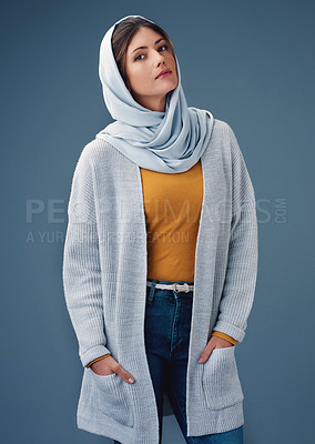 Buy stock photo Portrait, studio and fashion with muslim woman, clothes for eid fitr or modesty for religion and faith. Grey background, chiffon scarf hijab with Saudi model, trendy or confident for islam culture  