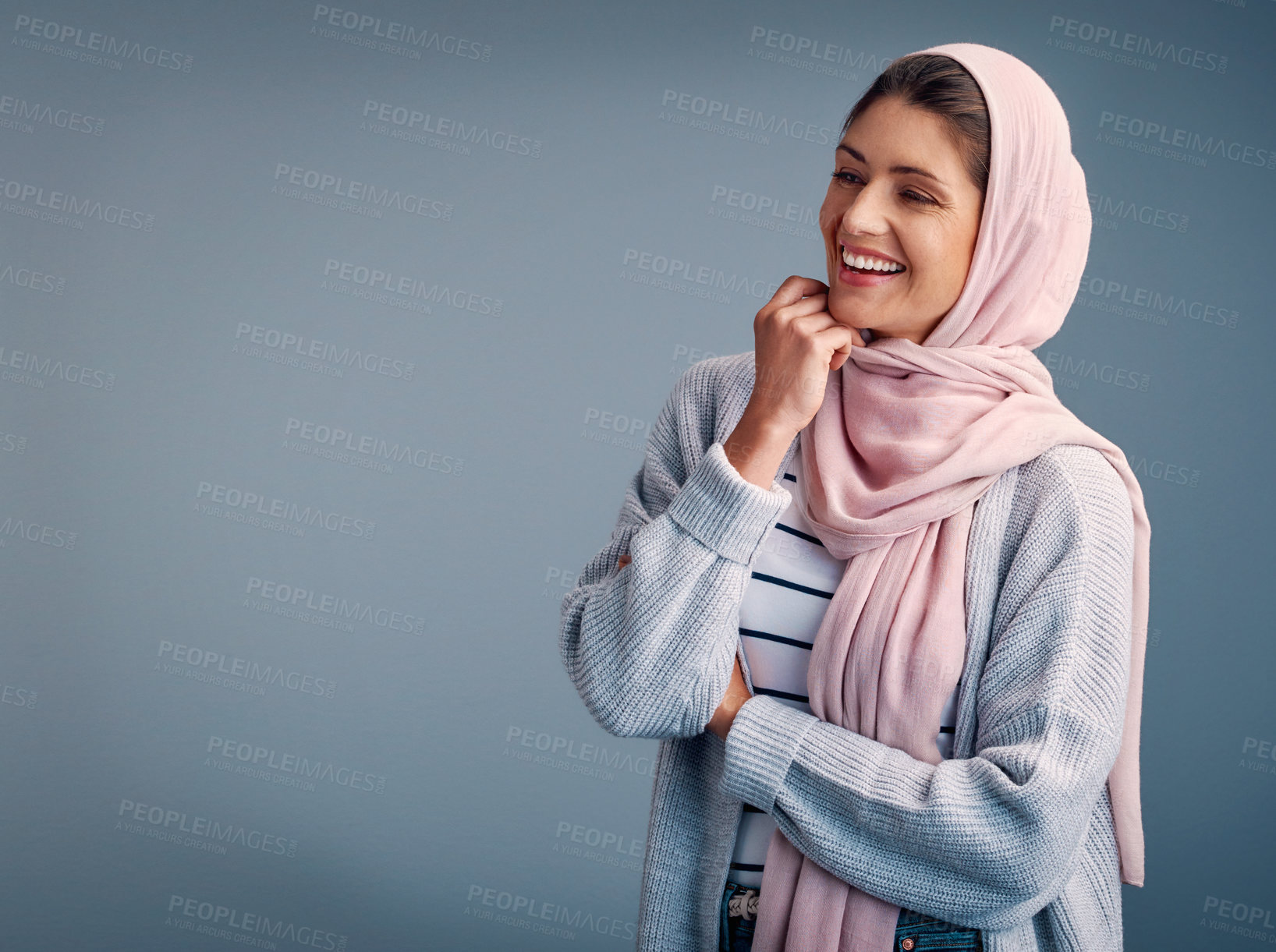 Buy stock photo Fashion, woman and hijab in studio, smile and isolated on gray background. Head scarf, Ramandan and stylish for religious Arabic female model, muslim or mockup space for minimalism Islamic Eid outfit