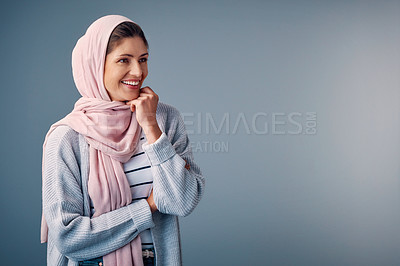 Buy stock photo Fashion, woman and hijab in studio, smile and isolated on gray background. Head scarf, Ramandan and stylish for religious Arabic female model, muslim or mockup space for minimalism Islamic Eid outfit